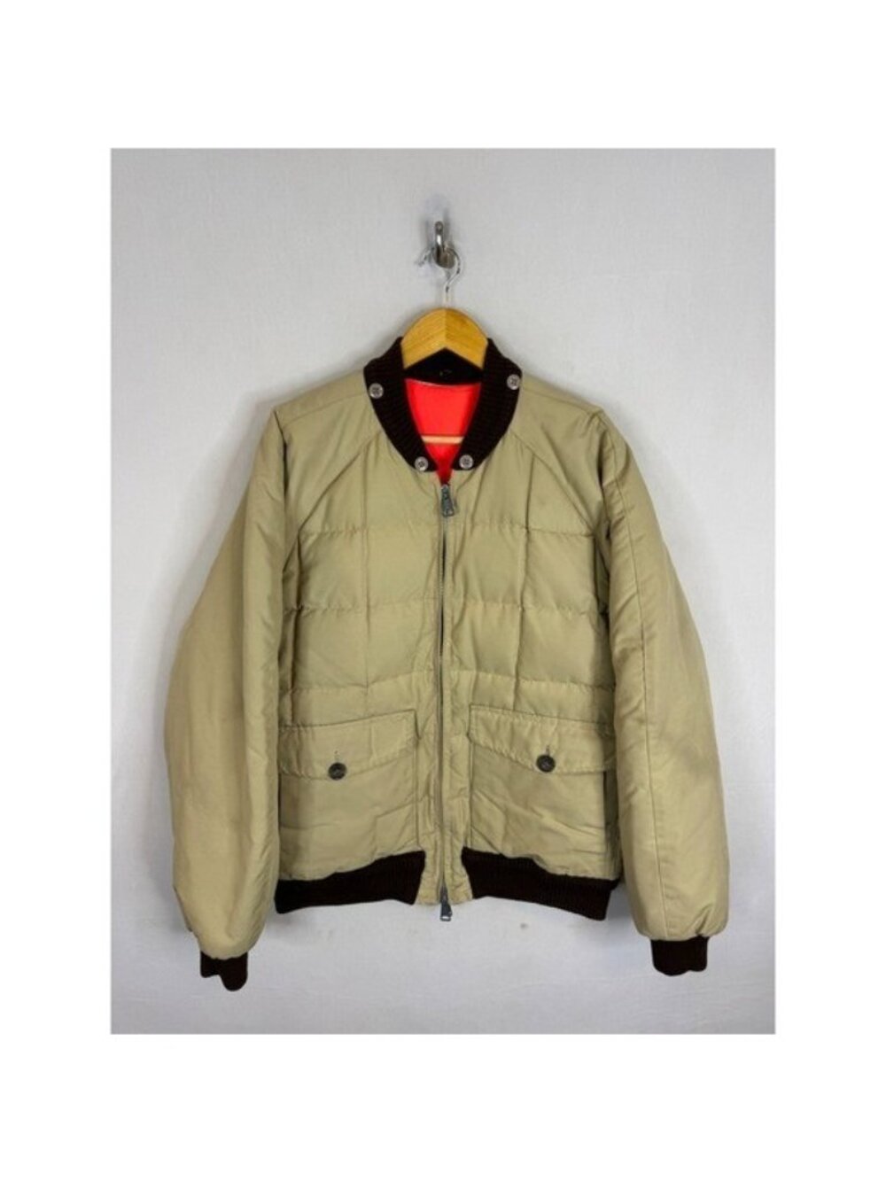 Vintage Thermo-King Tan Down Puffer Bomber Jacket Reversible Orange Lining